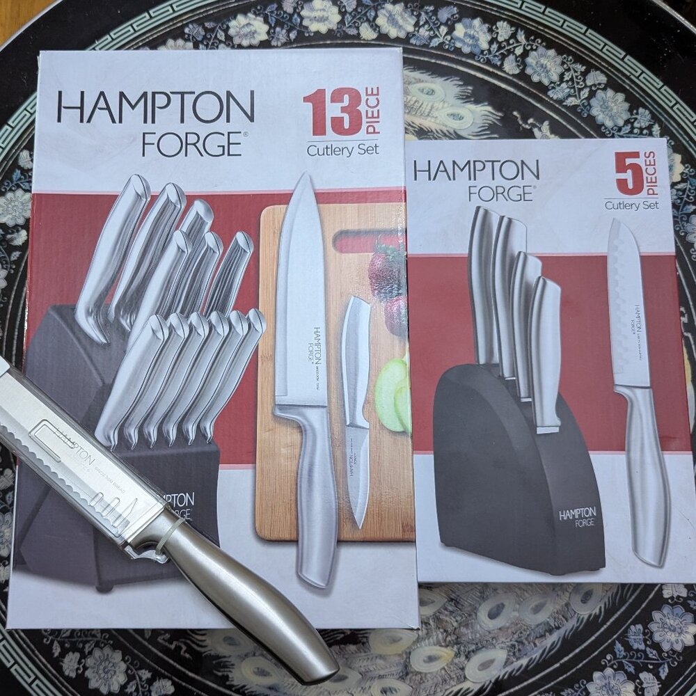 Hampton Forge cutlery sets - 2 sets and bread knife. Never used, new in boxes.